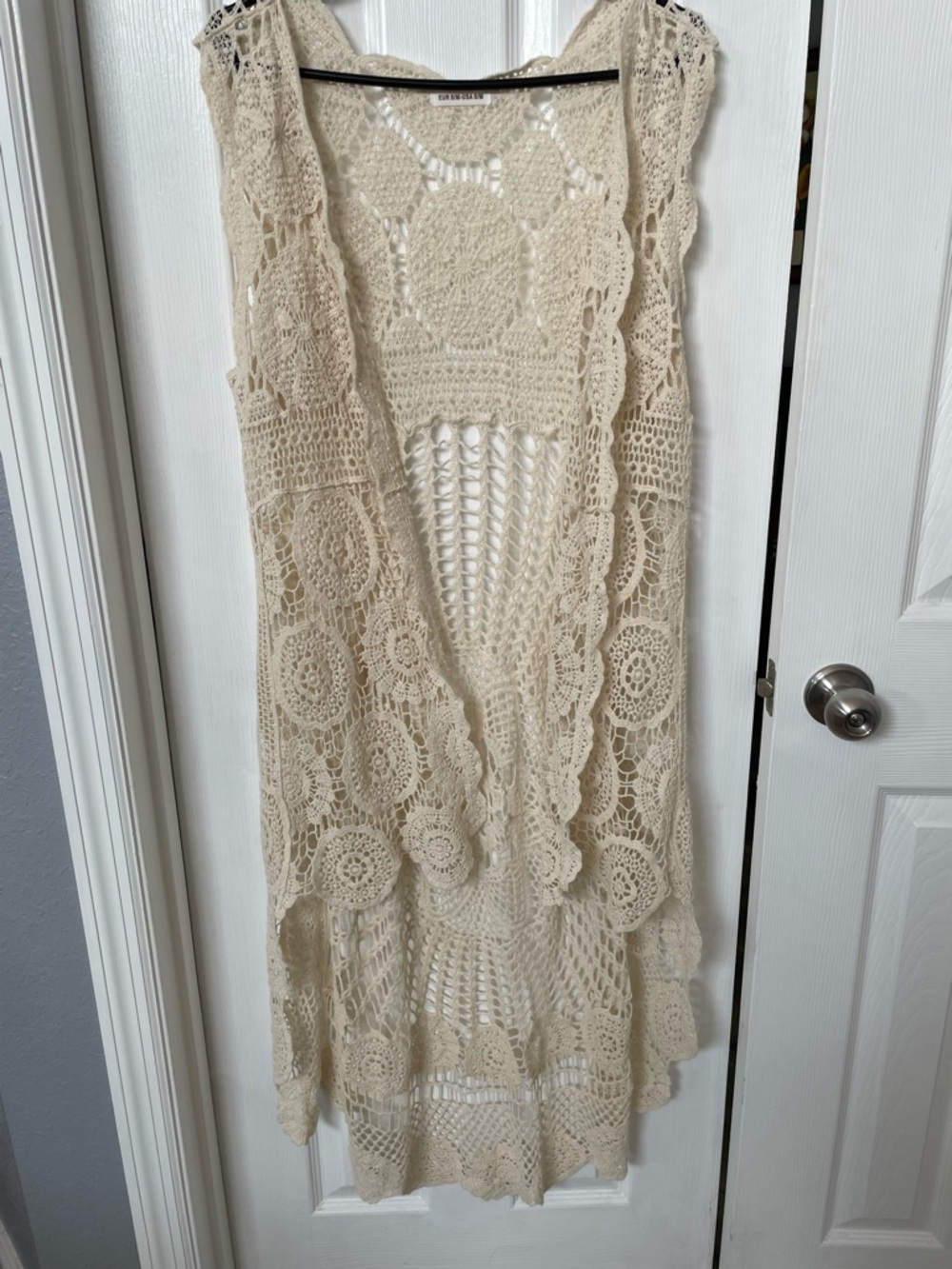 Crochet Openwork Long Vest in beige size S/M